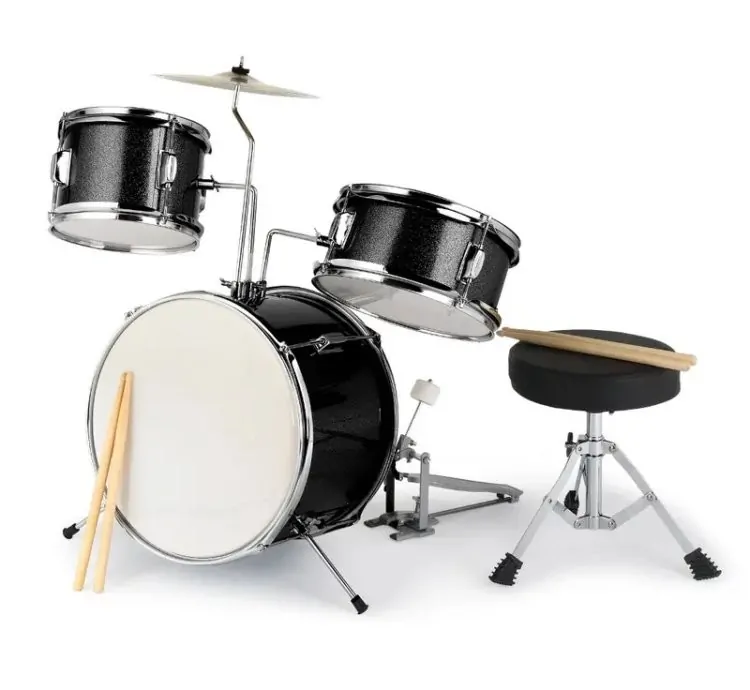 Three Pieces Drum Set Kit Pedal Drum Stick Wrench Drum Stool Black