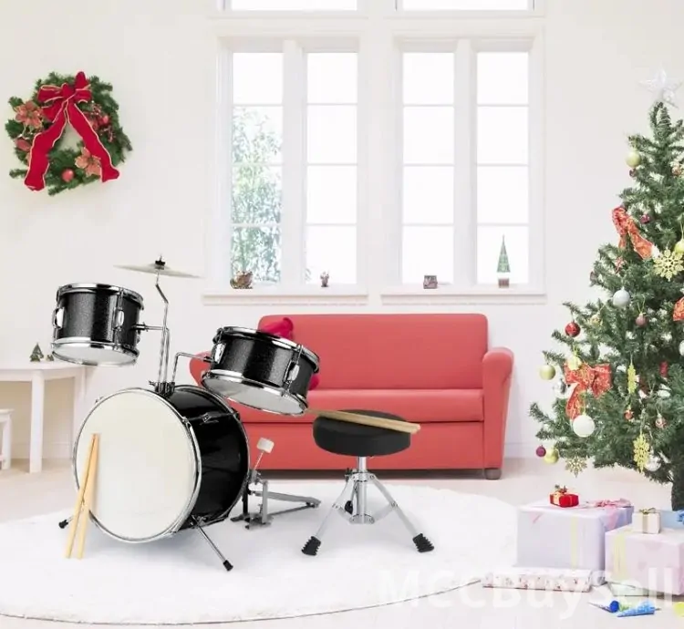 Three Pieces Drum Set Kit Pedal Drum Stick Wrench Drum Stool Black