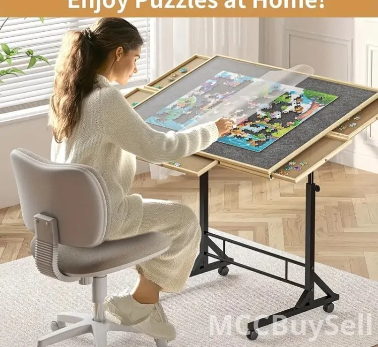 Wooden Puzzle Table Portable with 6 Sliding Drawer Organizers for Tiles Storage