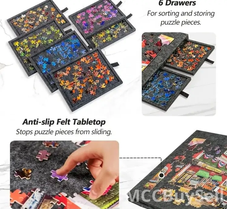 Wooden Puzzle Table Portable with 6 Sliding Drawer Organizers for Tiles Storage