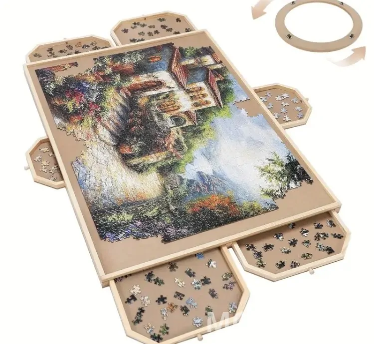Wooden Puzzle Table Portable with 6 Sliding Drawer Organizers for Tiles Storage