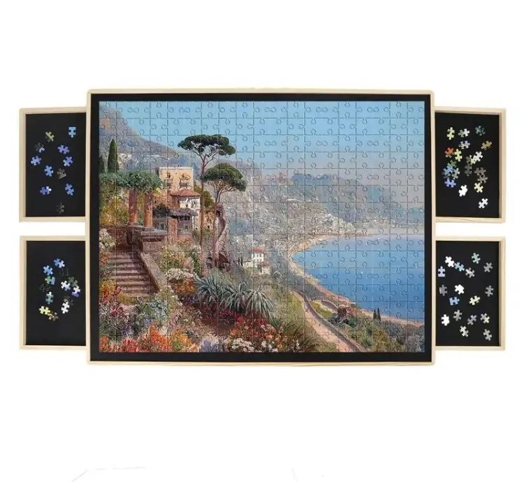 Wooden Puzzle Table Portable with 6 Sliding Drawer Organizers for Tiles Storage