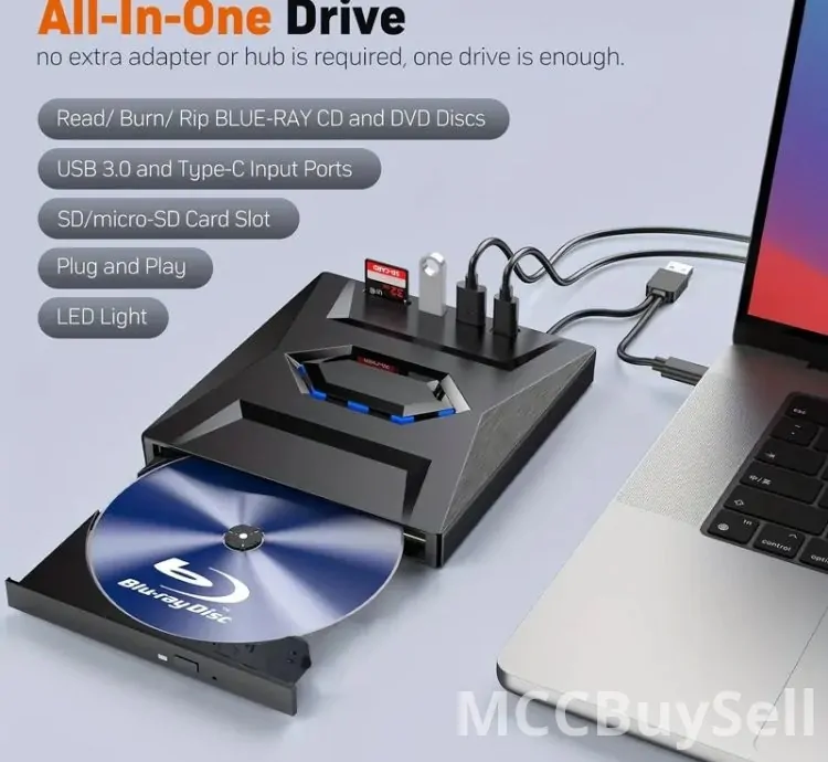 External Portable 6 in 1 Blu-Ray,  DVD/CD Burner and Player for Windows XP/7.8/10, Linux, MacOS