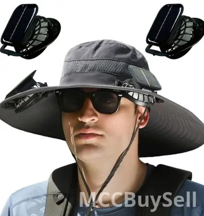 Men Sun Hat for Outdoor Summer Camping Beach with Two Solar Fan Fishing Hats Wide Brim