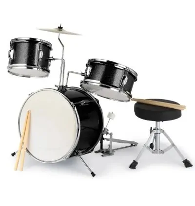 Three Pieces Drum Set Kit Pedal Drum Stick Wrench Drum Stool Black
