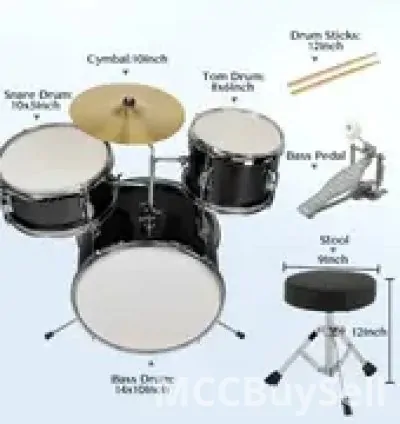 Three Pieces Drum Set Kit Pedal Drum Stick Wrench Drum Stool Black 6