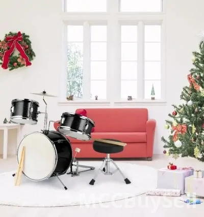 Three Pieces Drum Set Kit Pedal Drum Stick Wrench Drum Stool Black