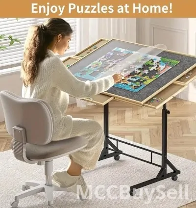 Wooden Puzzle Table Portable with 6 Sliding Drawer Organizers for Tiles Storage